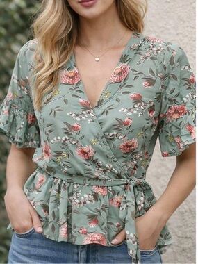 LOFT Floral Wrap Peplum Top in Sage Green